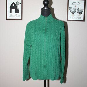 LL Bean Womens Full Zip Kelly Green Cable Knit Cardigan Sweater Size XL Cotton